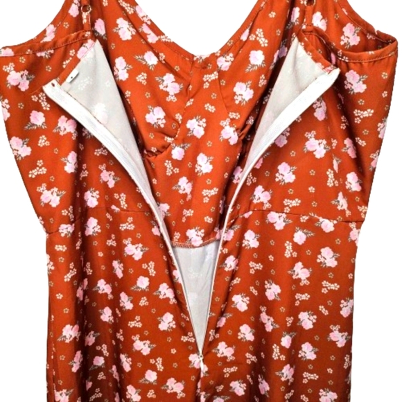 Womens Floral Rust Orange Midi Dress Back Zip Spaghetti Straps Slip Size Large - Picture 10 of 11